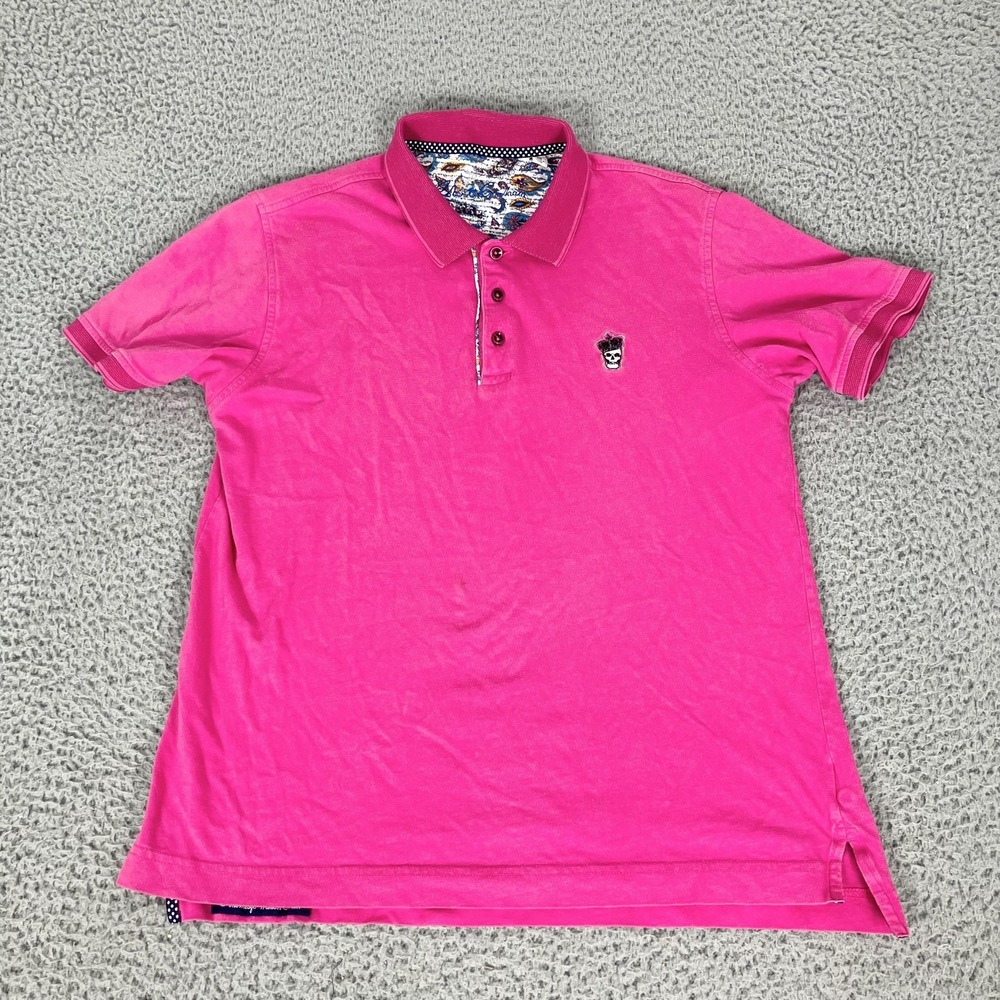 Robert Graham Polo Shirt Mens Medium Pink Skull Crown Logo Cotton Knit Casual